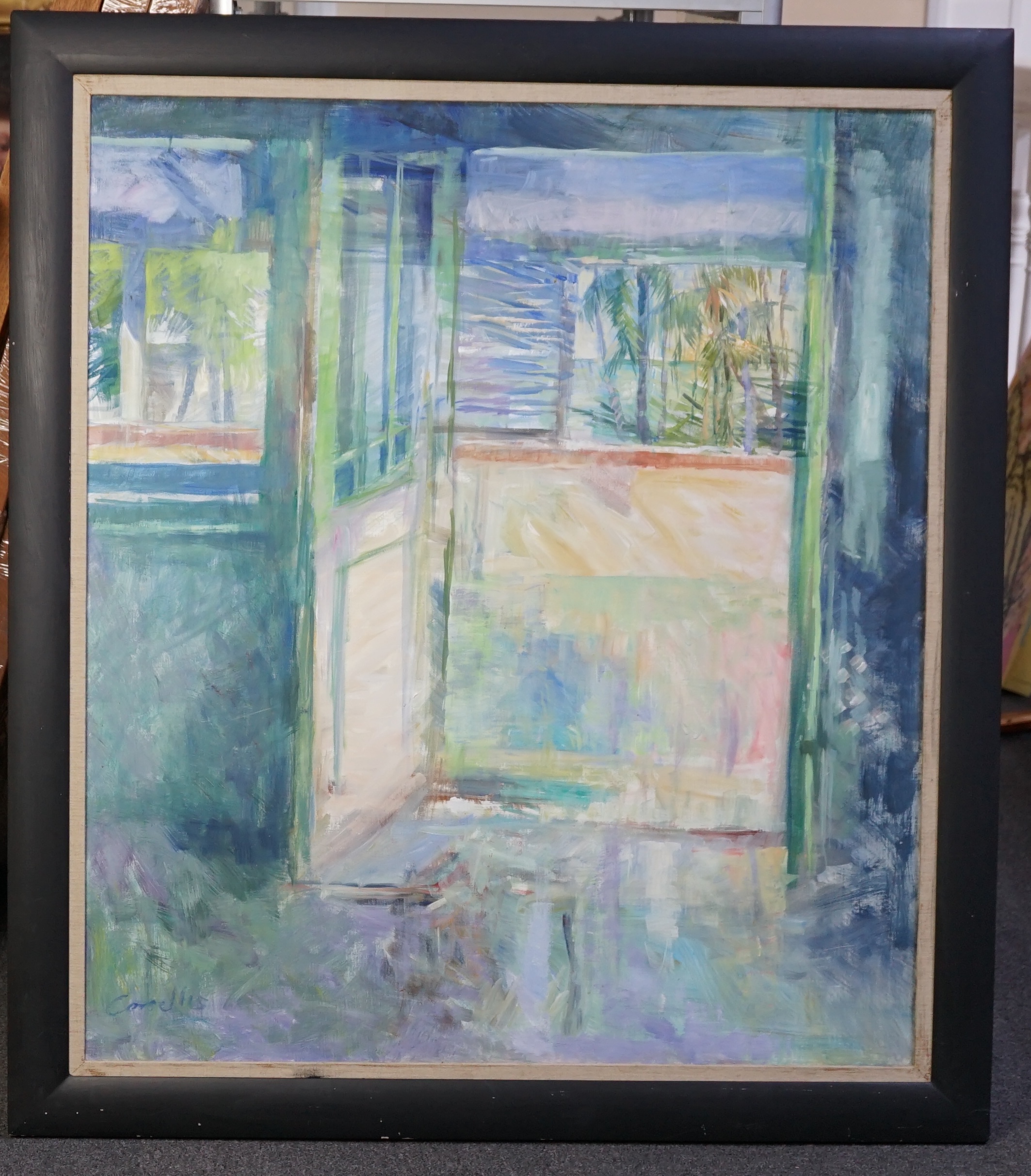 Jane Corsellis NEAC-RWS RCA (b.1940), oil on canvas, 'Balcony Malacca', signed and inscribed on the stretcher, 101 x 88cm. Condition - good